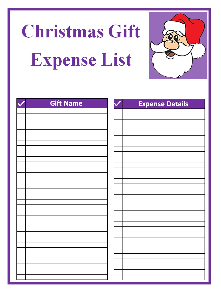 Christmas Gift Expense List Template