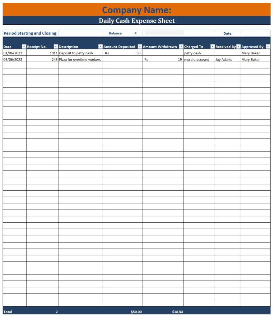 Daily Cash Expense Sheet Template