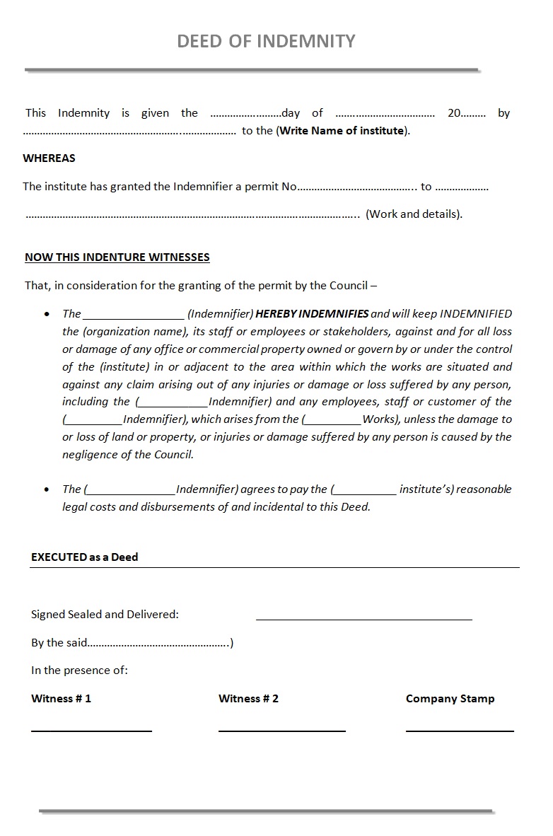 deed of assignment indemnity