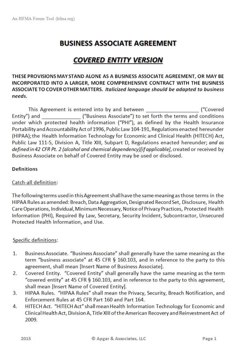 Business Associate Agreement Template Free Word & Excel Templates