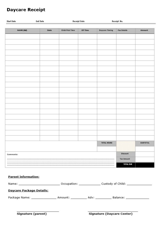 Daycare Receipt Template MS Word Free Word Excel Templates