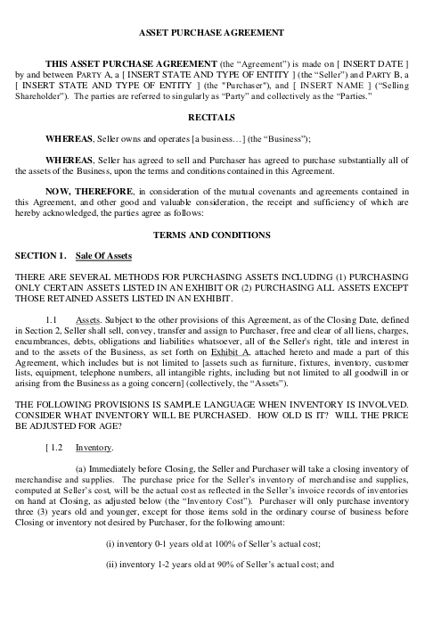 Asset Purchase Agreement Template