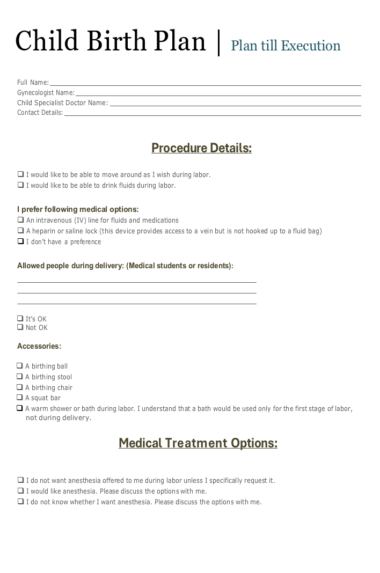 Child Birth Plan Template | Free Word & Excel Templates