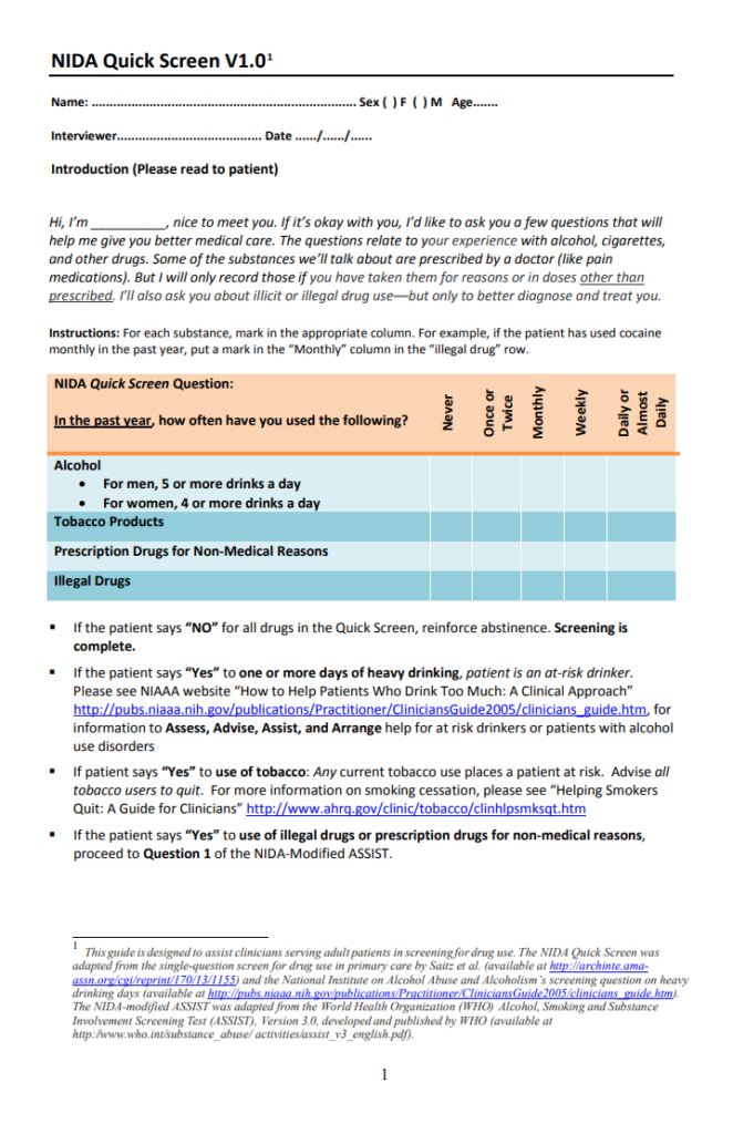 Substance Abuse and Screening Assessment Template