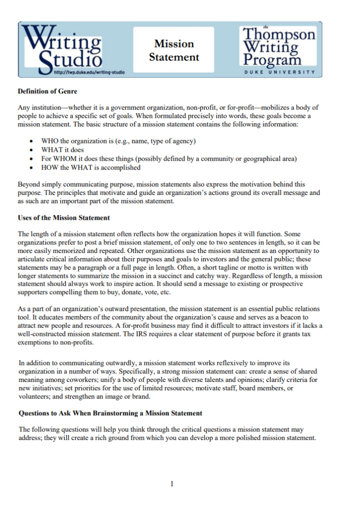 Professional Mission Statement Template