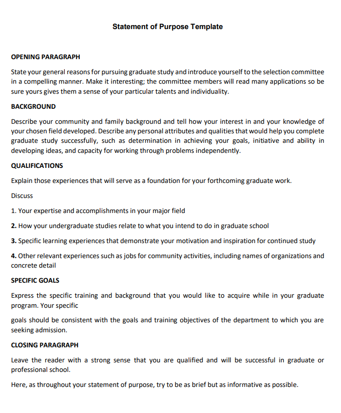 Statement of Purpose Template PDF