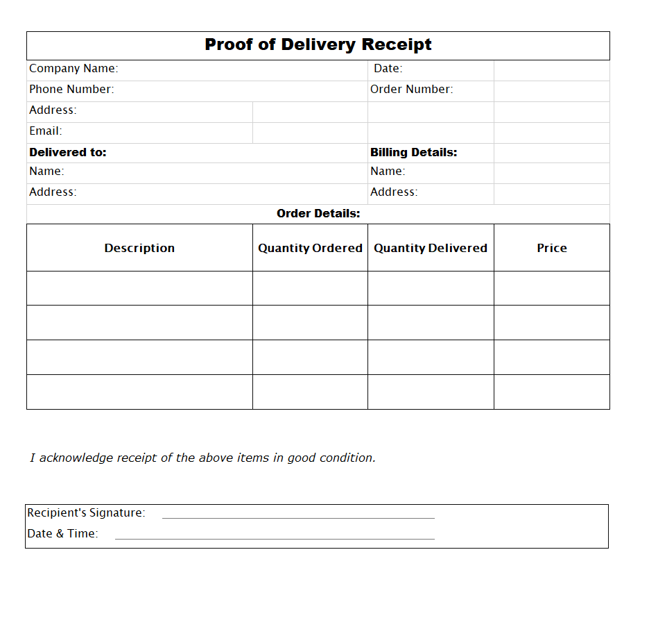Proof of Delivery Receipt Template