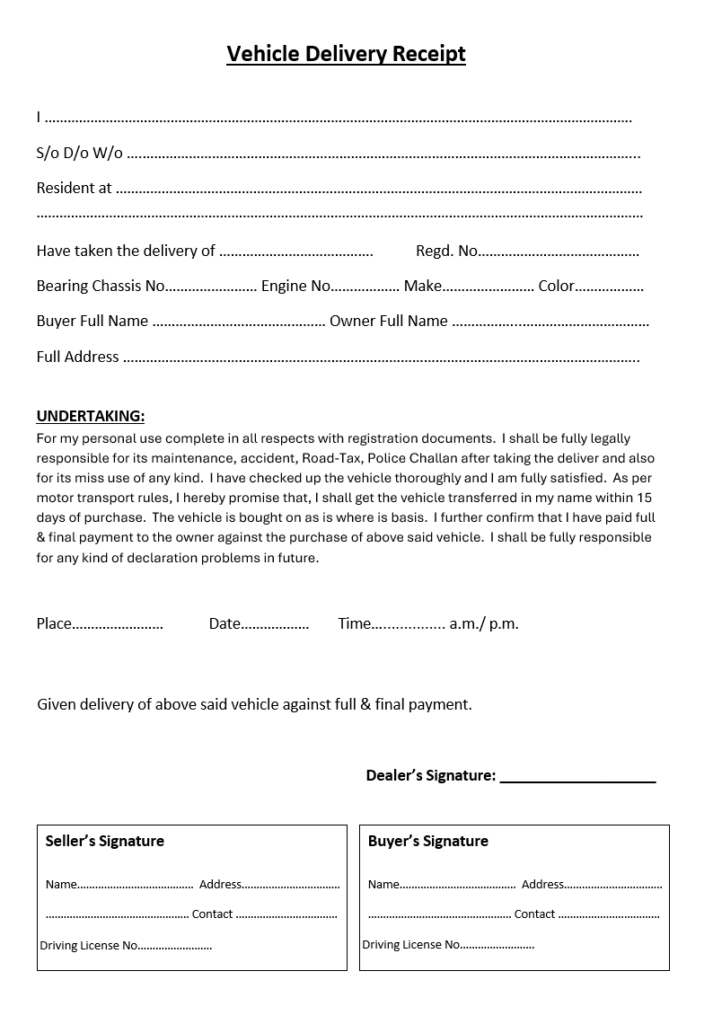 Vehicle Delivery Receipt Format