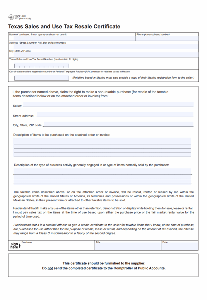 Sales and Use Tax Resale Certificate of Exemption Template