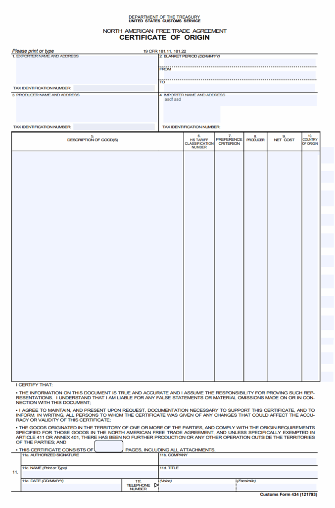 Certificate of Origin Template Fedex