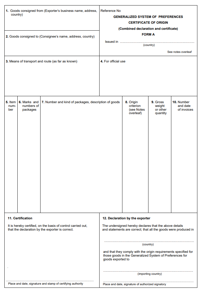 Certificate of Origin Template Form A