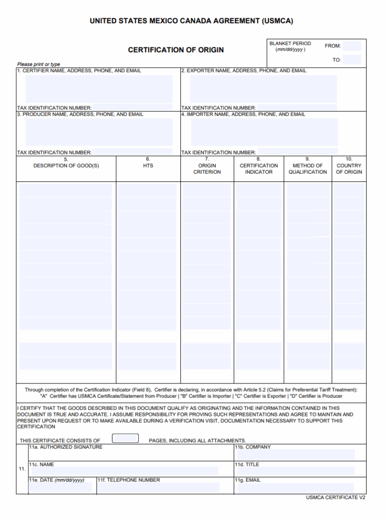 Certificate of Origin Template USA