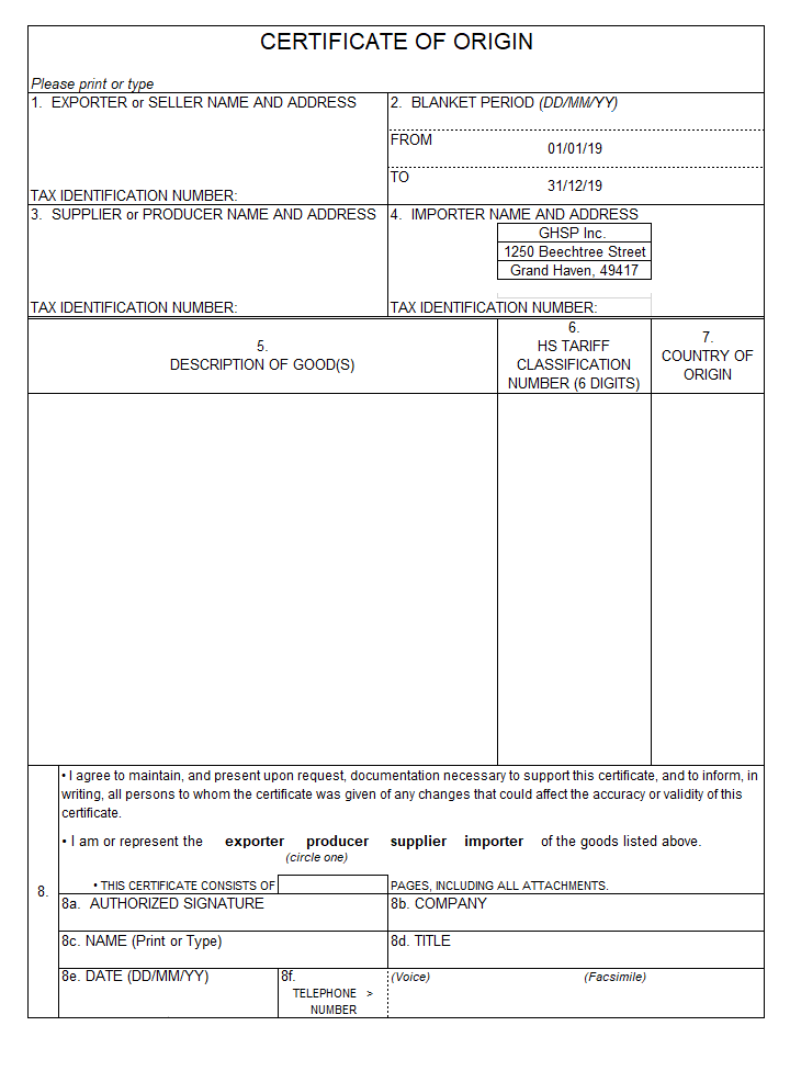 Certificate of Origin Template