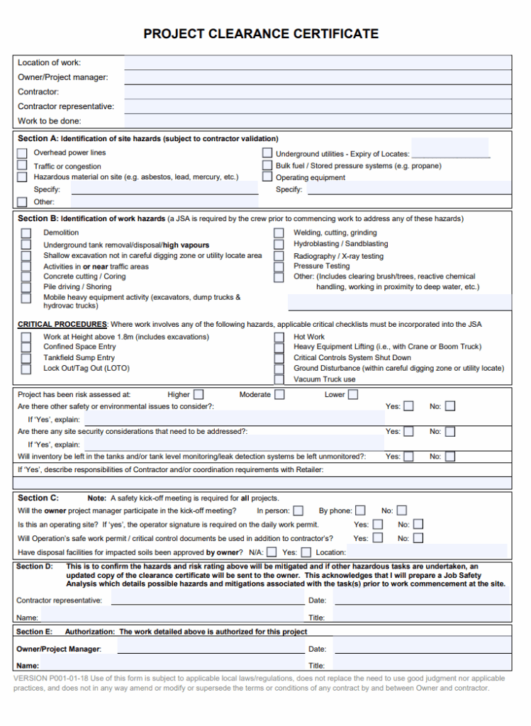 Project Clearance Certificate Template