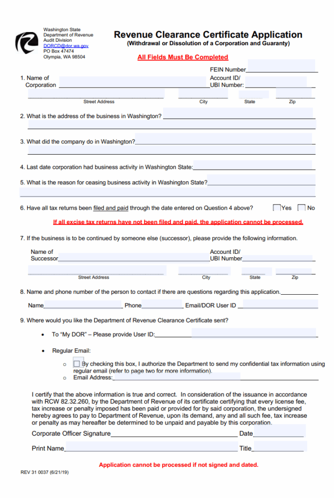 Revenue Clearance Certificate Application Form