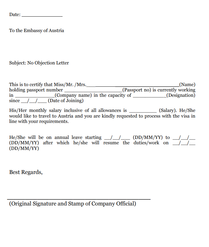 No Objection Certificate Application Letter Template