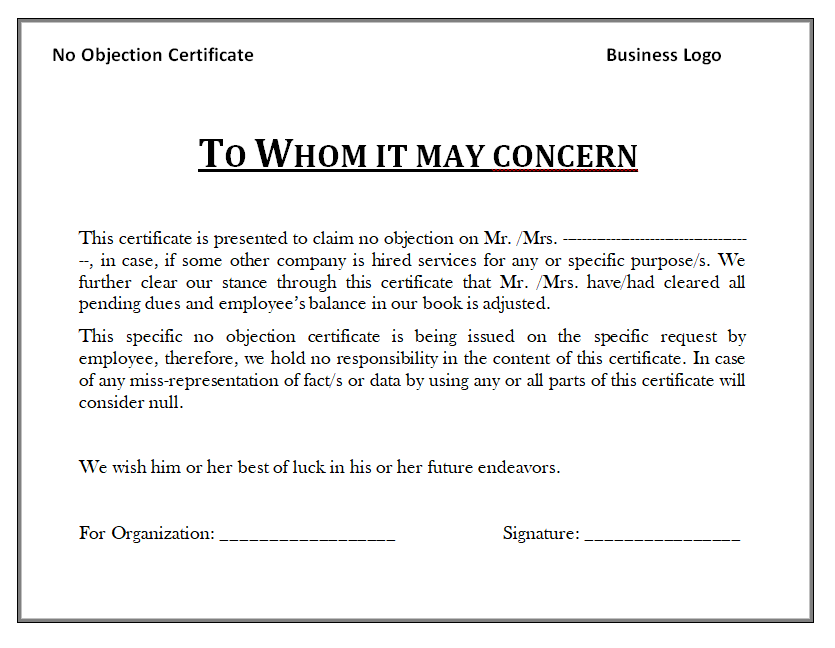 No Objection Certificate Format