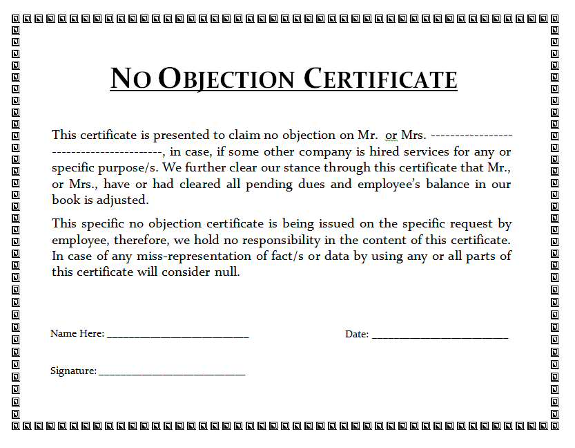 No Objection Certificate Template