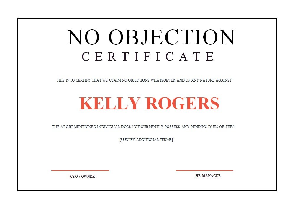 Professional No Objection Certificate Template