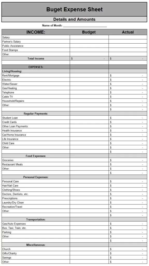 Budget Expense Sheet Template