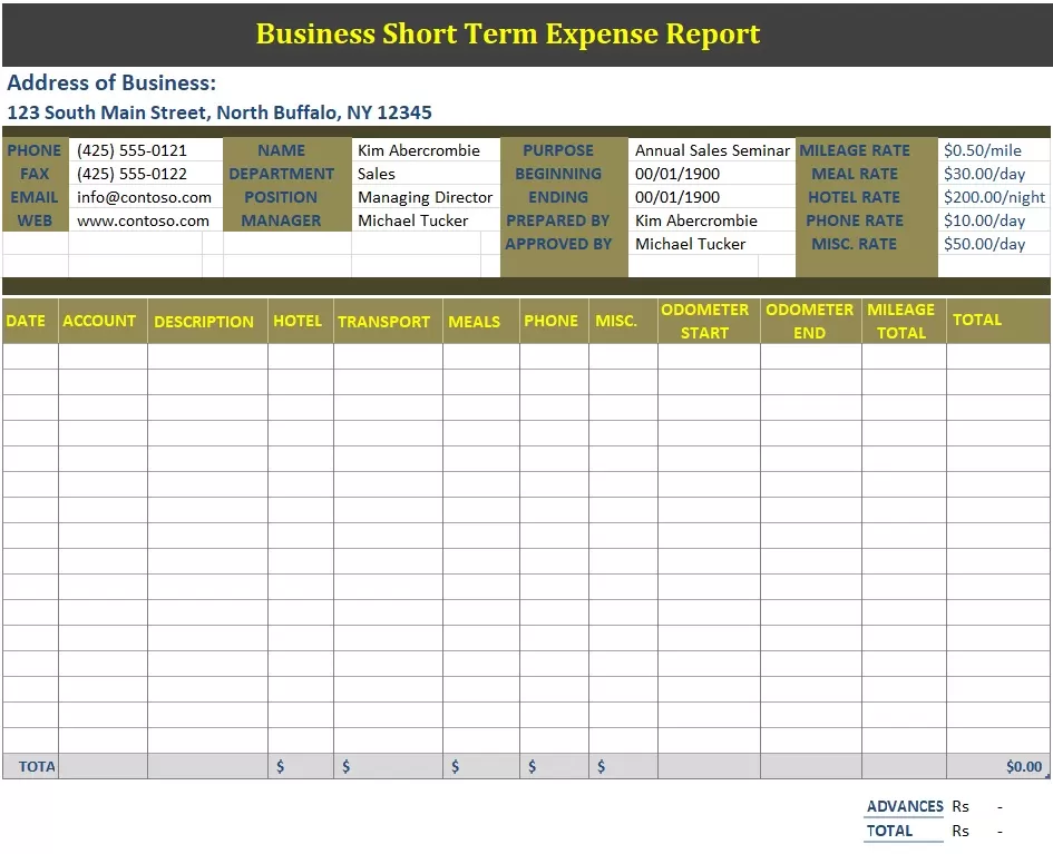 Business Short Term Expense Report Template