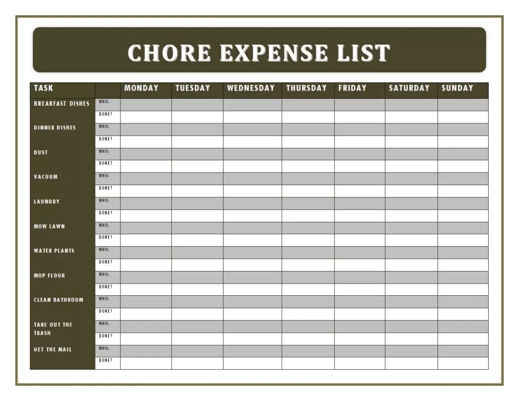 Chore Expense List Template