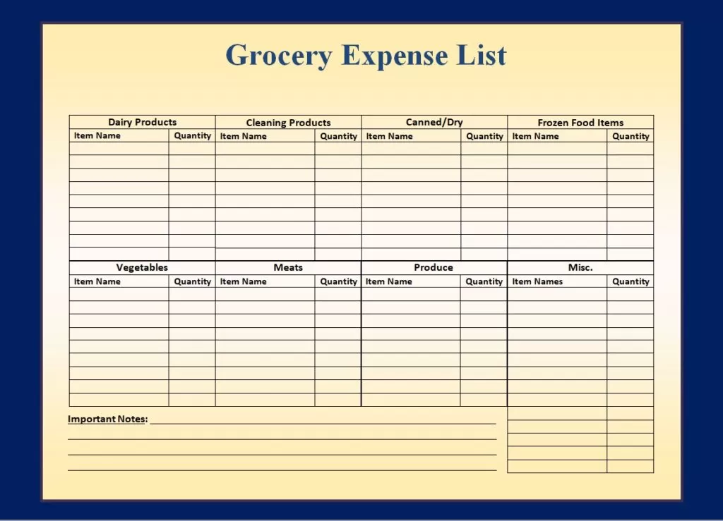 Grocery Expense List Template