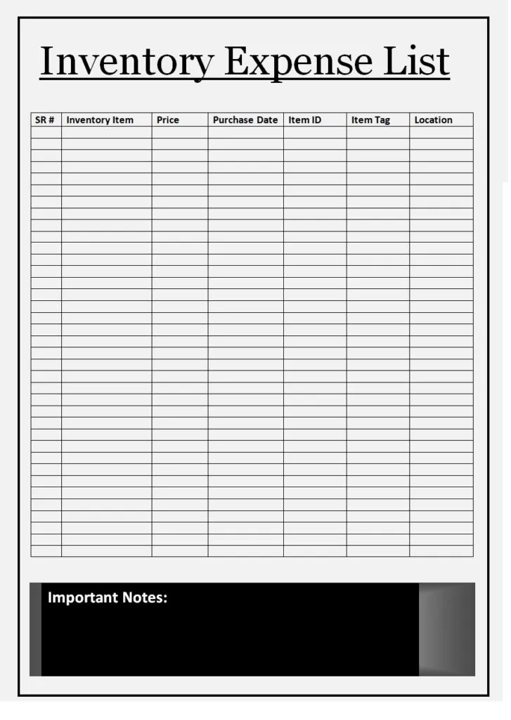 Inventory Expense List Template