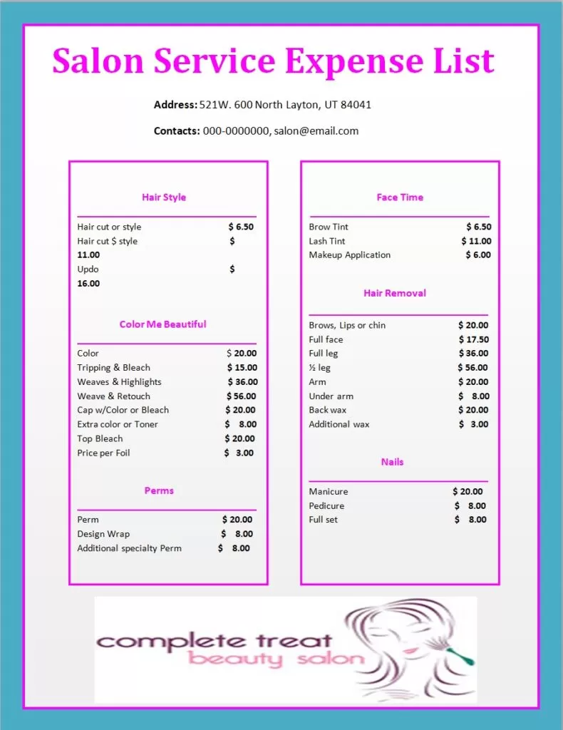 Salon Service List Template