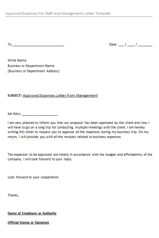 Approved Expenses For Staff And Management Letter Template