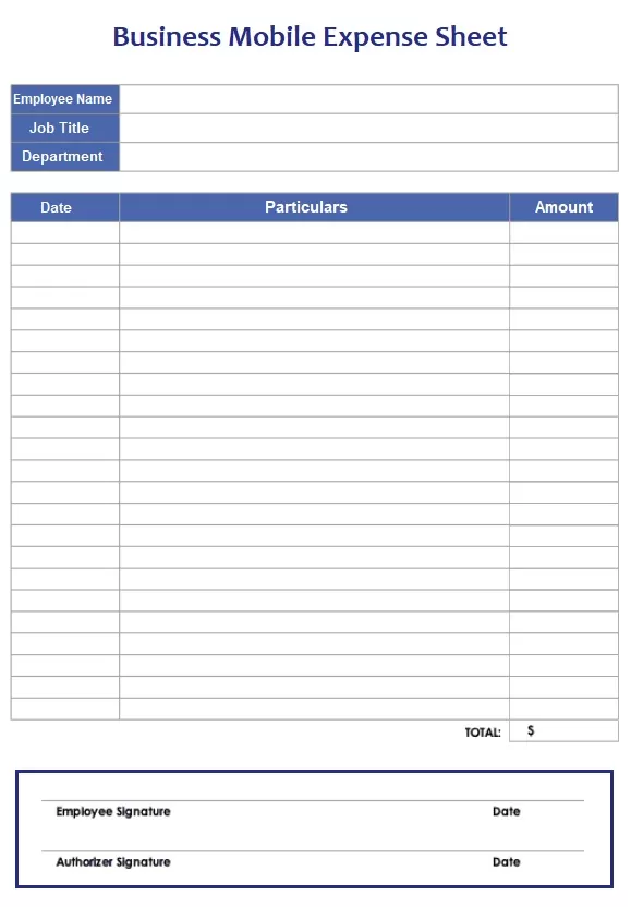 Business Mobile Expense Sheet Template