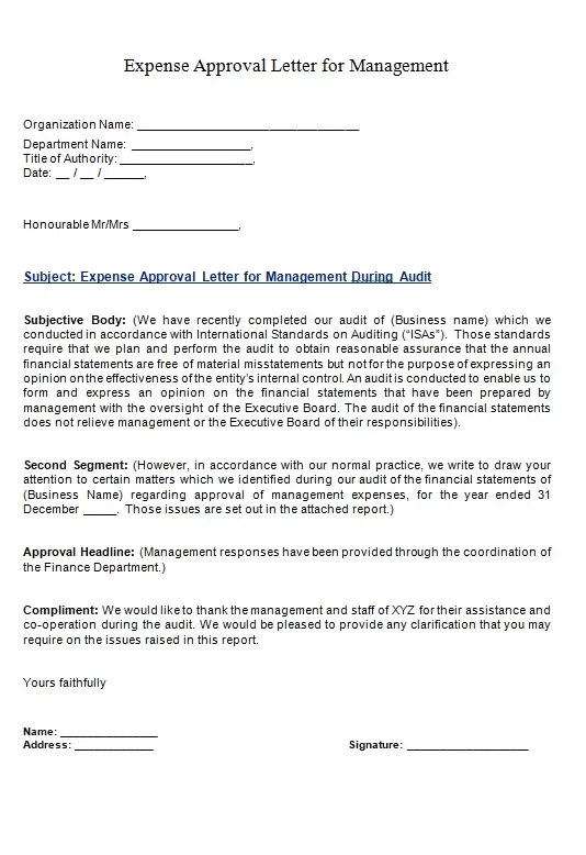 Expense Approval Letter For Management During Audit