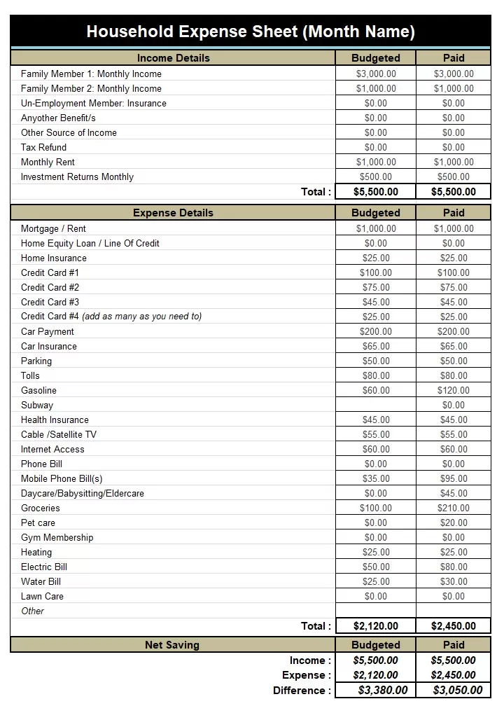 Household Expense Sheet Template