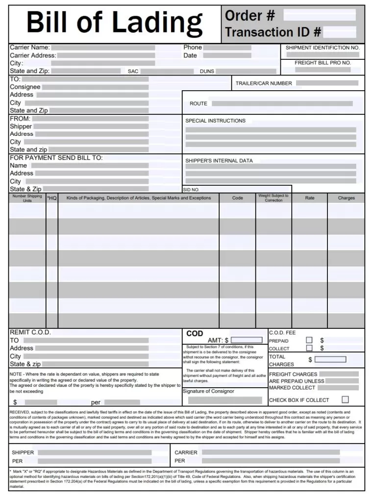 Bill of Lading Template