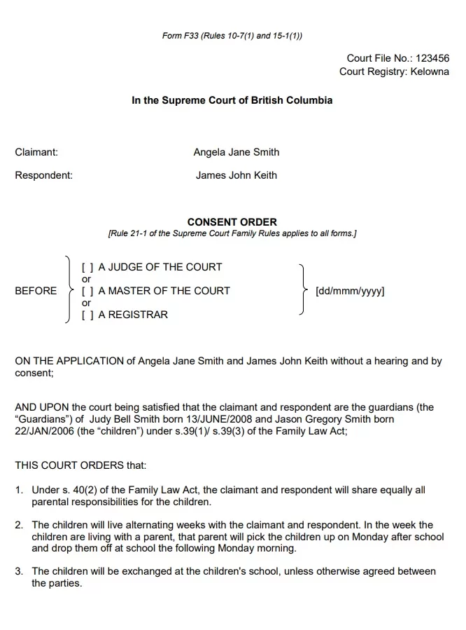 Court Consent Order Template