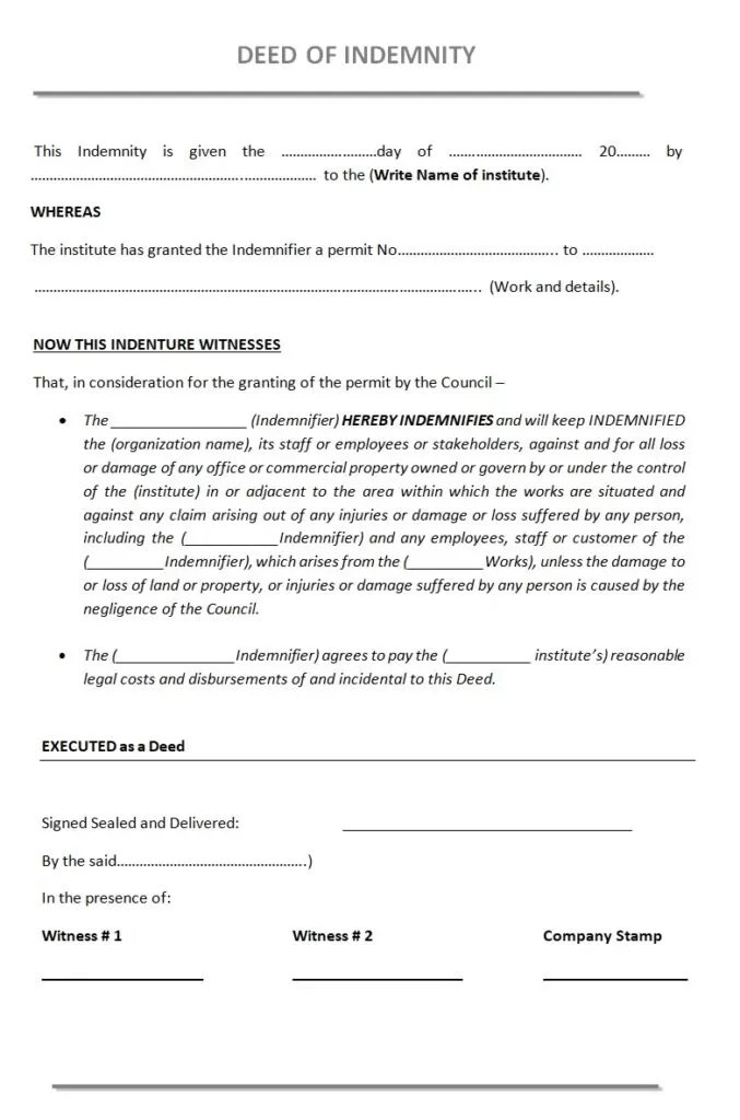 deed of indemnity template