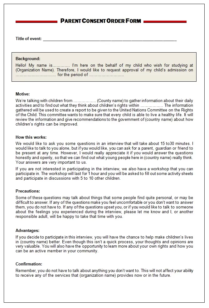 Parent Consent Order Template