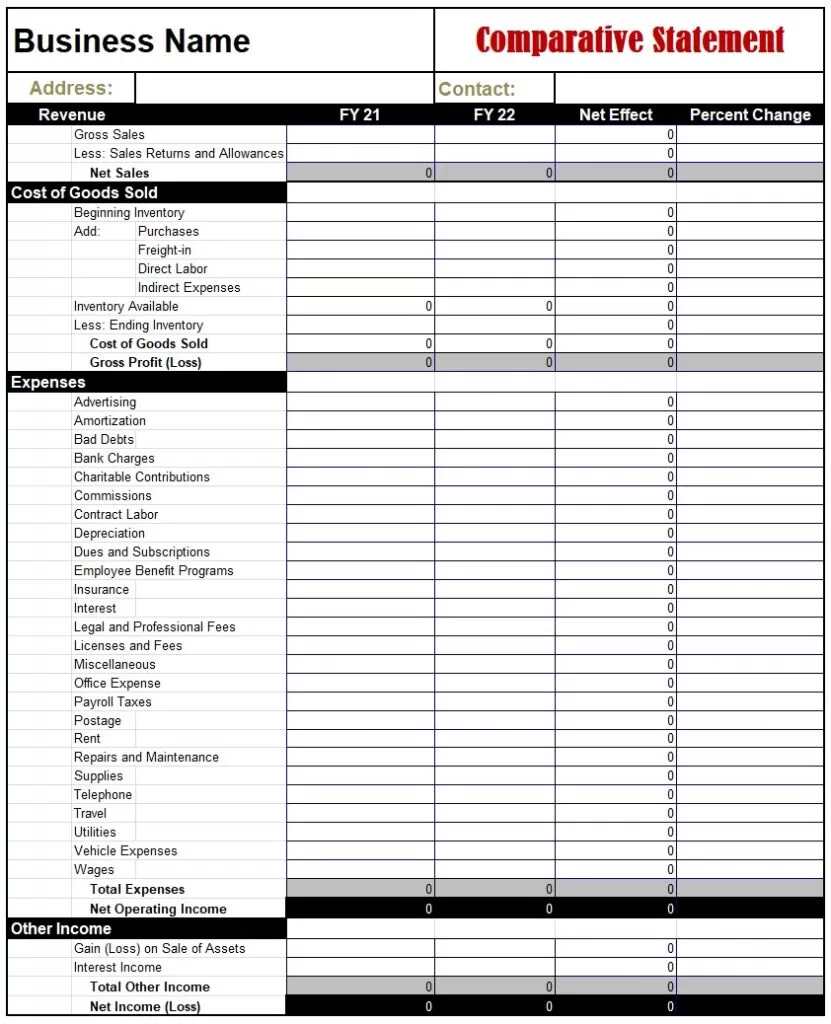 Comparative Statement Template