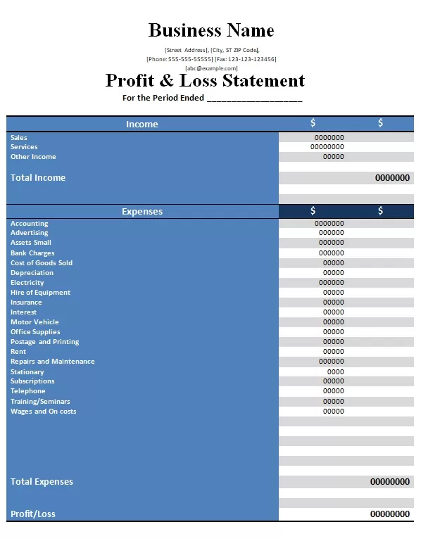 Financial Statement-Profit and loss Statement Template