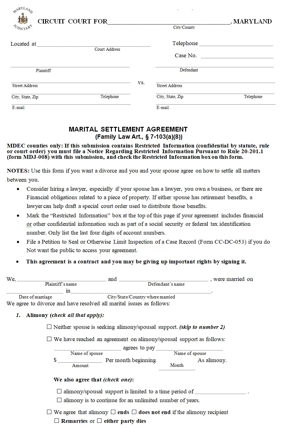 Divorce Agreement Template