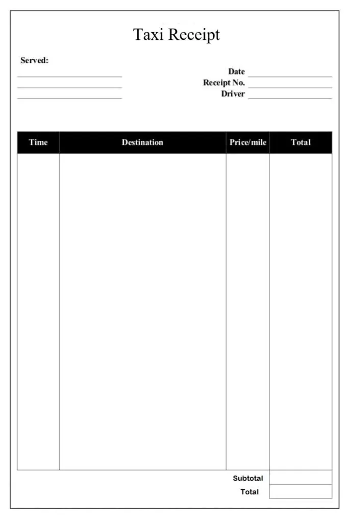 Blank Taxi Receipt Template