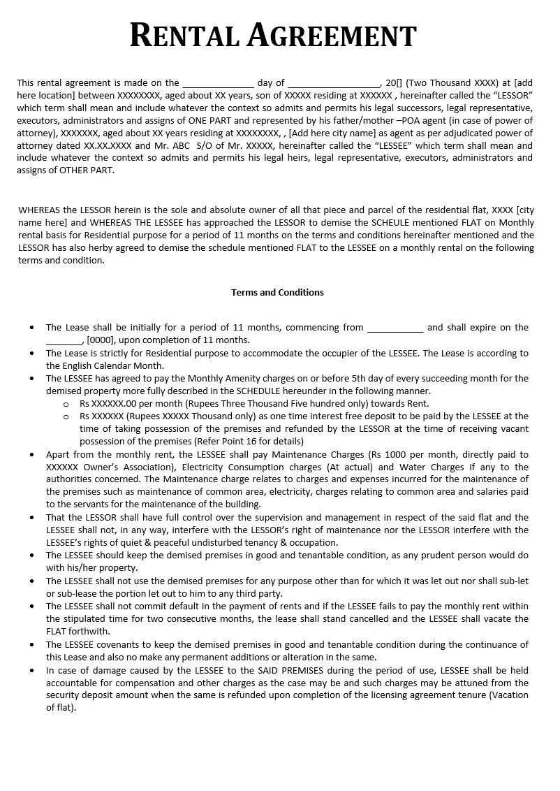 Printable Rental Agreement Template Free Word & Excel Templates