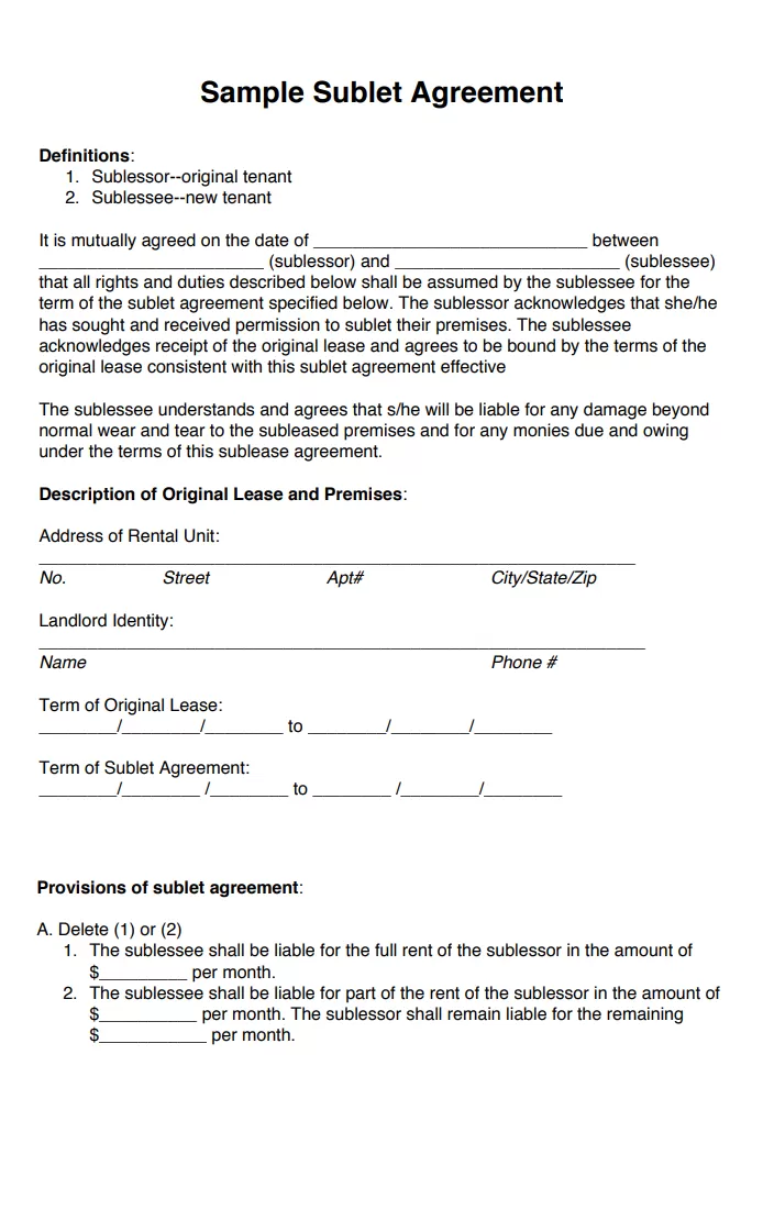 Sublet Agreement Template