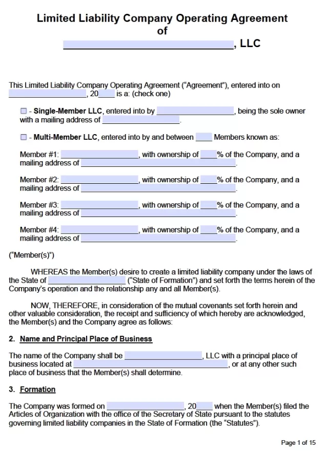 Operation Agreement (Limited Liability Company) Template