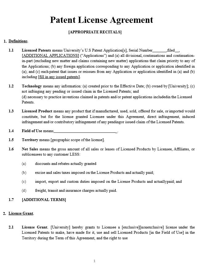 Patent License Agreement Template