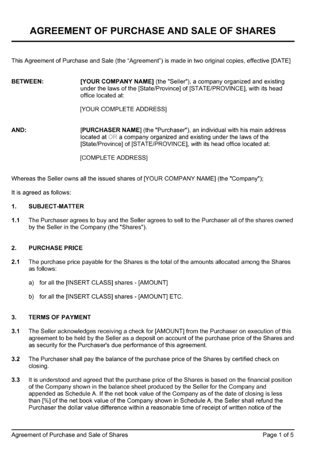 Purchase and Sale Agreement Template