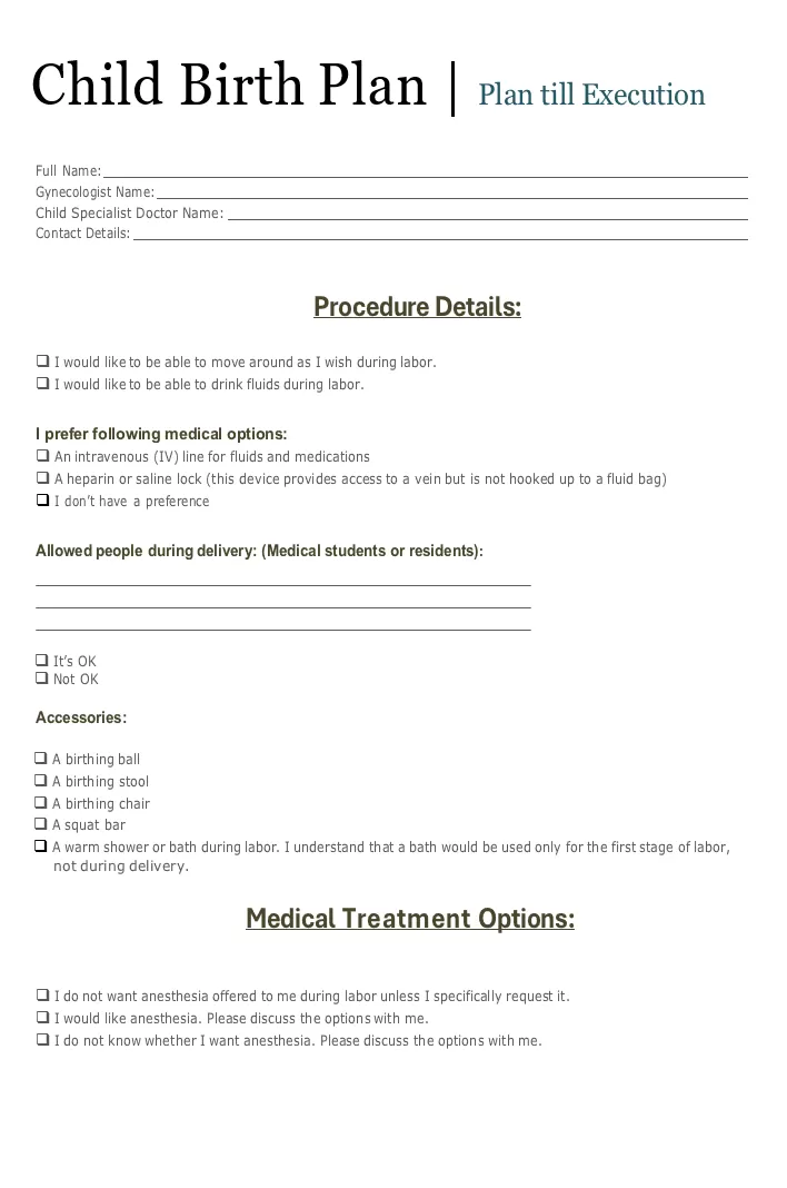 Child Birth Plan Template