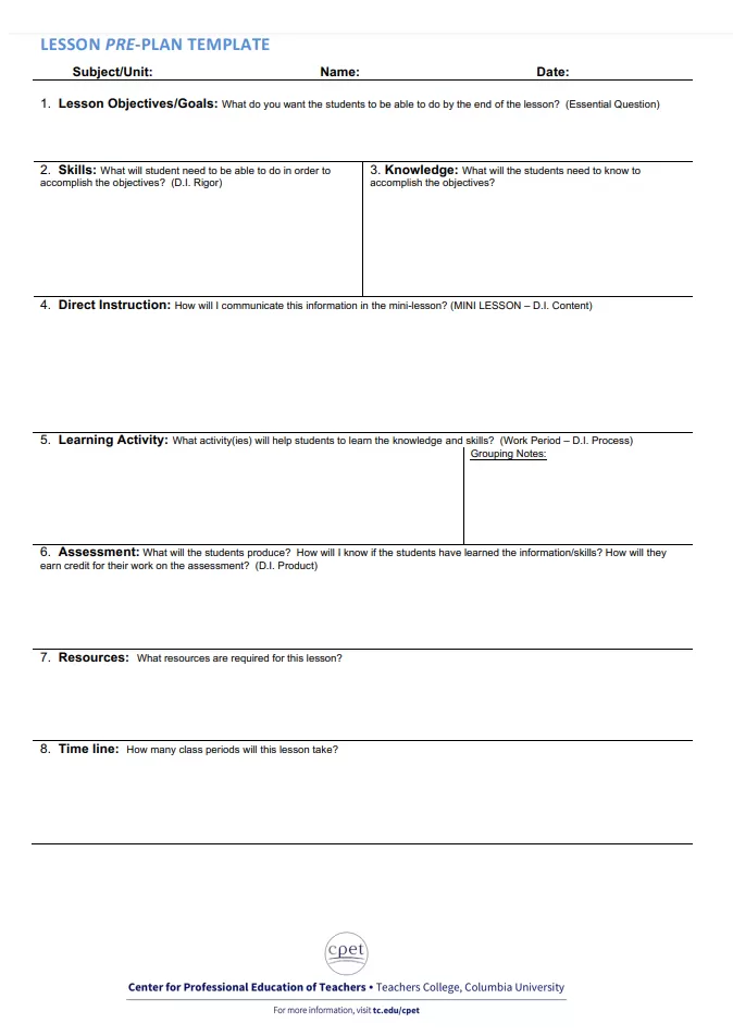 Class Lesson Plan Template