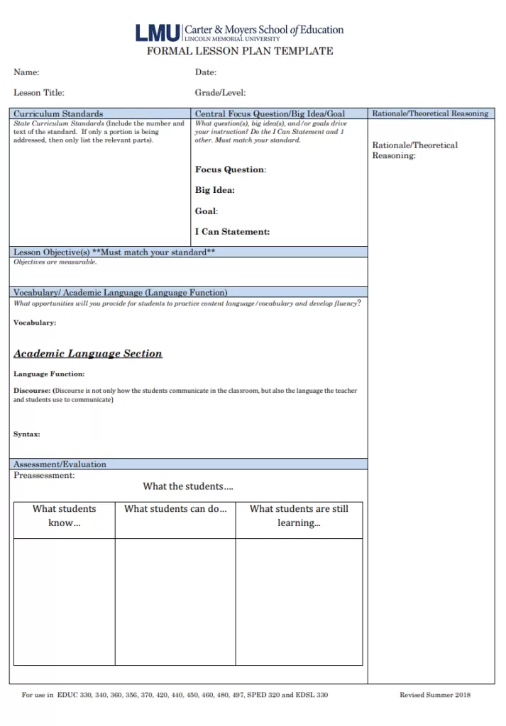 Formal Lesson Plan Template