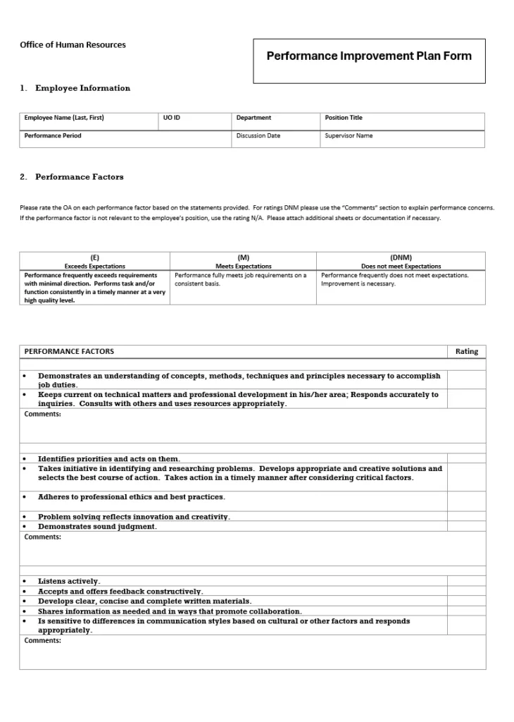 performance improvement plan form